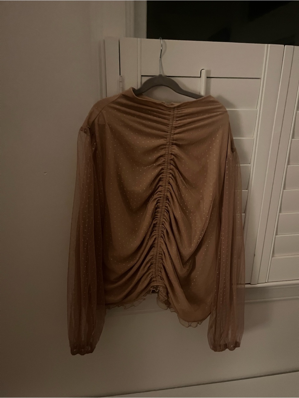 Anthropologie Dotted Ruched Long-Sleeve Top in Taupe
